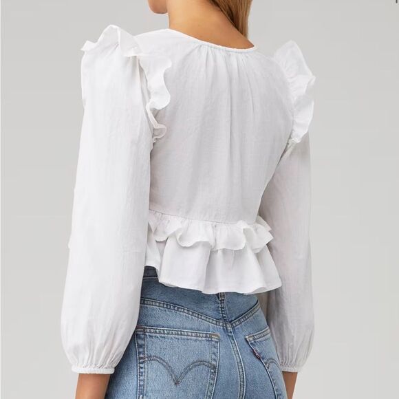 CLEOBELLA MANDIE BLOUSE White Ruffled V-Neck Cropped Women's Top - Picture 2 of 9